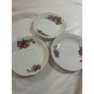 Set of 3 Vintage Rose Floral Saucers Gold Trim Made in China